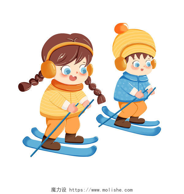 卡通插画冬天滑雪小朋友元素雪橇人物滑雪运动玩耍旅游png素材卡通冬天滑雪人物元素